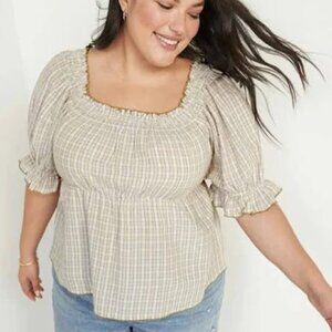 Whimsical Smocked Plaid Puff Sleeve Babydoll Blouse Size Medium